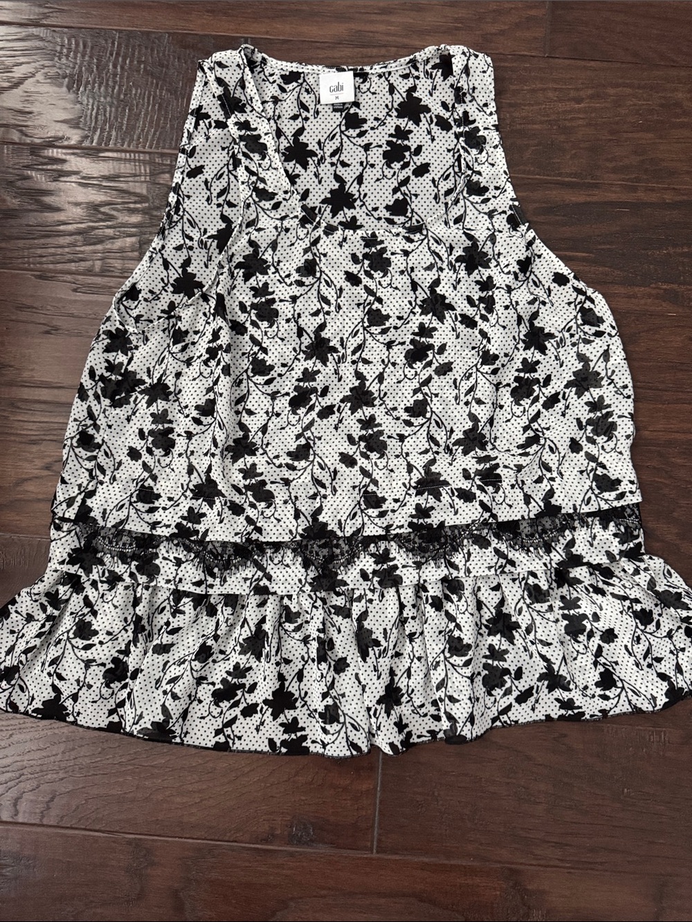CAbi Black & White Floral Tiered Skirt with White Polka Dot Tank style# 5907 - Picture 2 of 9